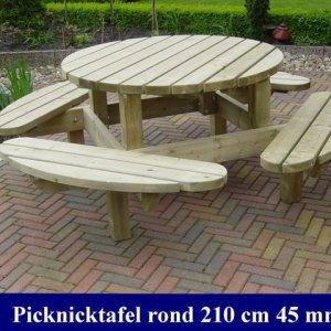 Grote houten ronde picknicktafel 45 mm dik Ø 210cm  - 